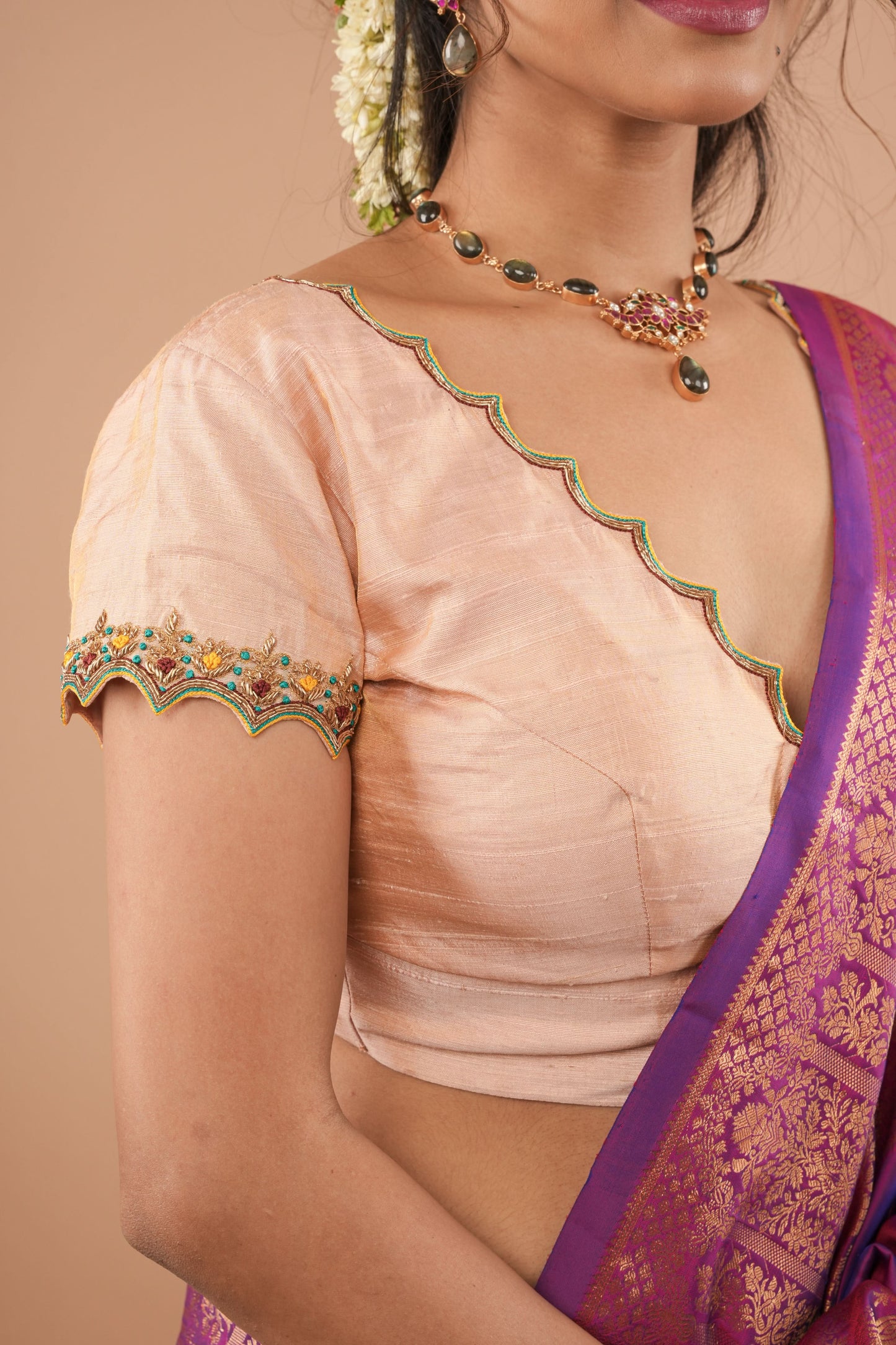 BLOUSE : Sandalwood Pure Tissue Raw Silk Blouse with scalloped hand embroidery, Customizable, Made to Order