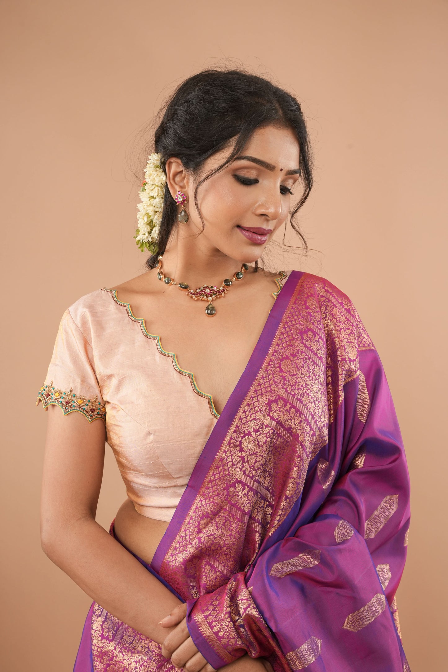 BLOUSE : Sandalwood Pure Tissue Raw Silk Blouse with scalloped hand embroidery, Customizable, Made to Order