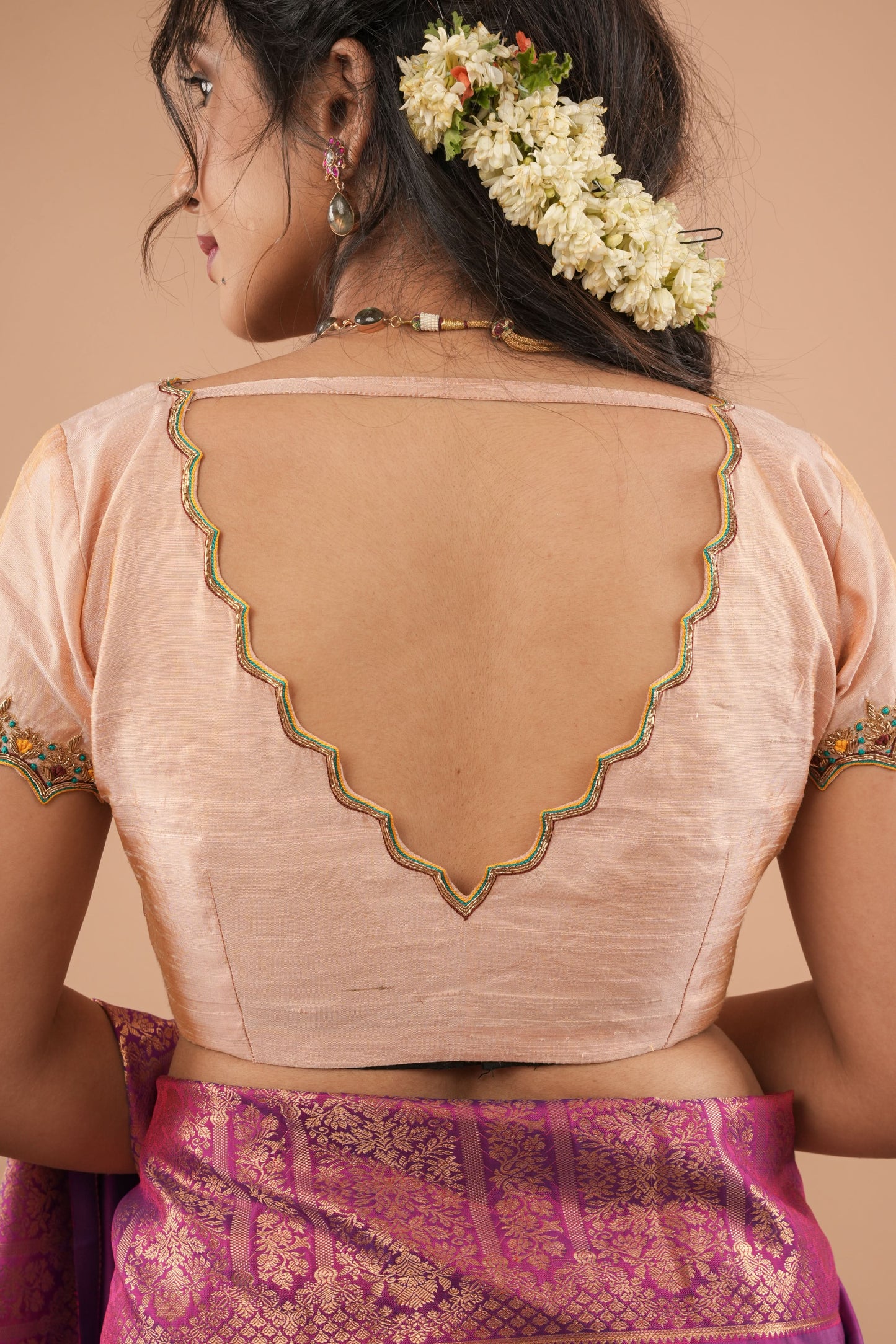 BLOUSE : Sandalwood Pure Tissue Raw Silk Blouse with scalloped hand embroidery, Customizable, Made to Order