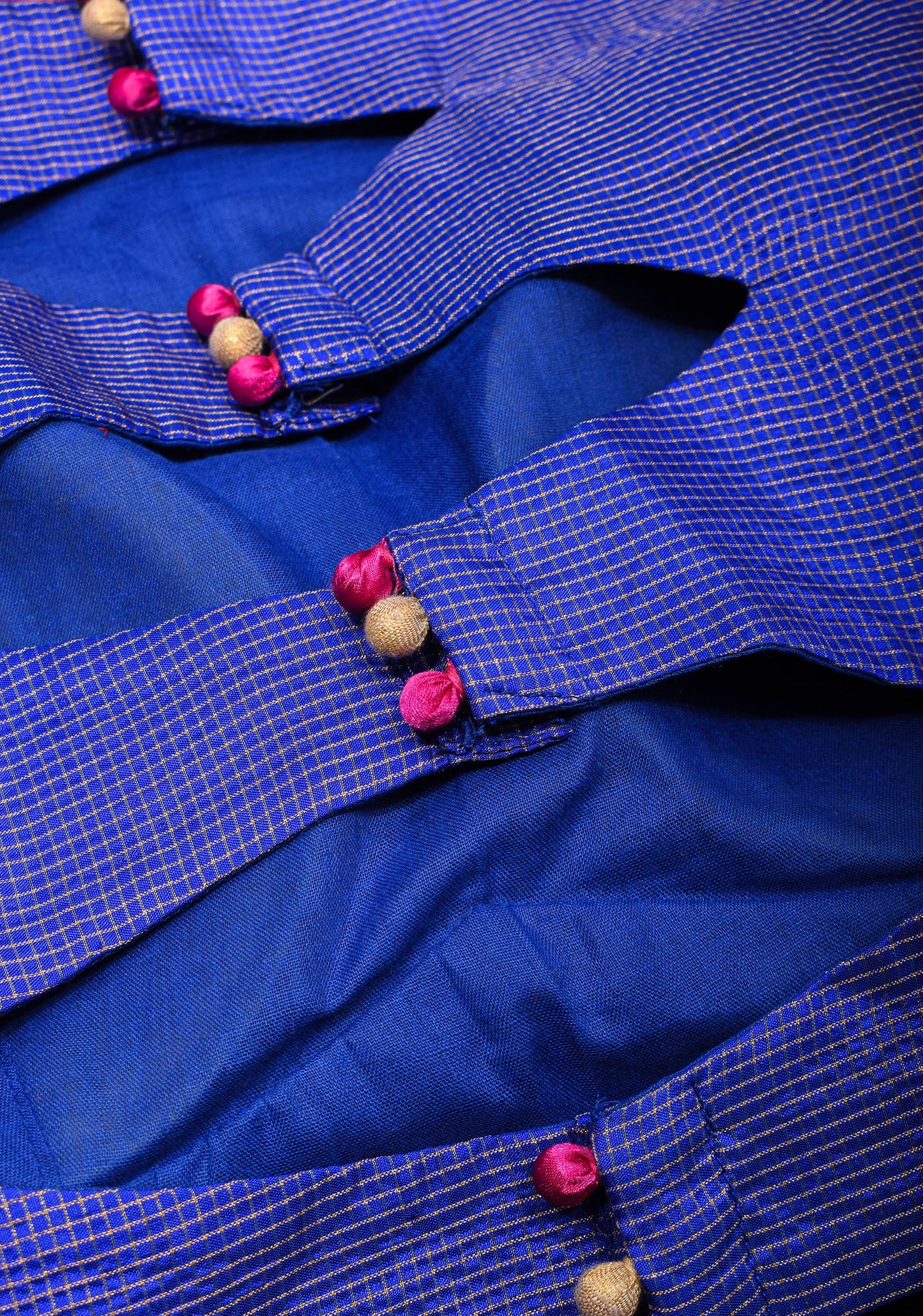 Blue Pure Kanjivaram Silk with Zari checks Blouse with crew neck and stylish  back cutout design,  Made to Order