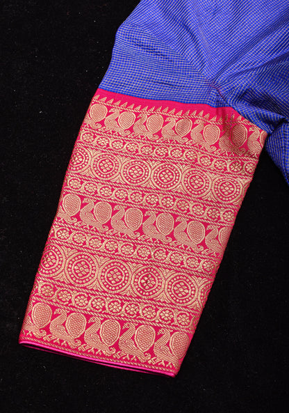 Blue Pure Kanjivaram Silk with Zari checks Blouse with crew neck and stylish  back cutout design,  Made to Order
