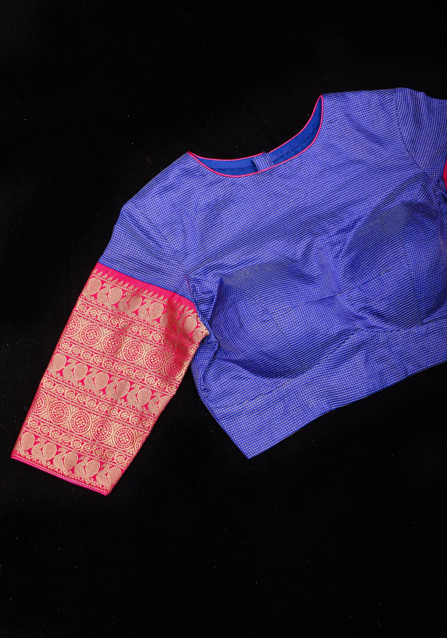 Blue Pure Kanjivaram Silk with Zari checks Blouse with crew neck and stylish  back cutout design,  Made to Order