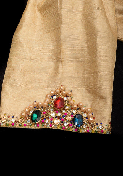 Multicolor Necklace and bajuband handwork detailing on Sandal Pure Tissue Raw Silk Blouse