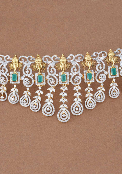 92.5 Silver Ganesha Design CZ and Green Stones Choker and Earrings Set