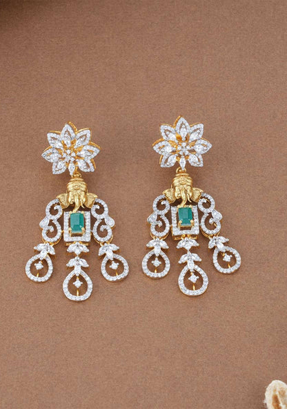 92.5 Silver Ganesha Design CZ and Green Stones Choker and Earrings Set