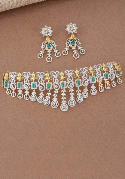 92.5 Silver Ganesha Design CZ and Green Stones Choker and Earrings Set