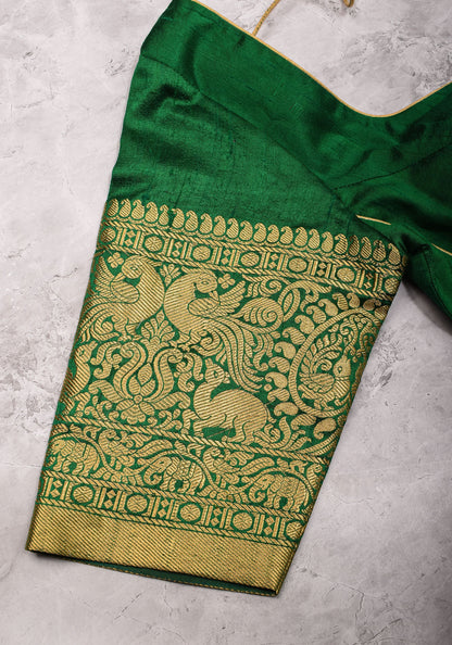 Green Pure Raw Silk Blouse with Leaf Neck, Choli Cut with Shikaargah zari border sleeves, Made to Order