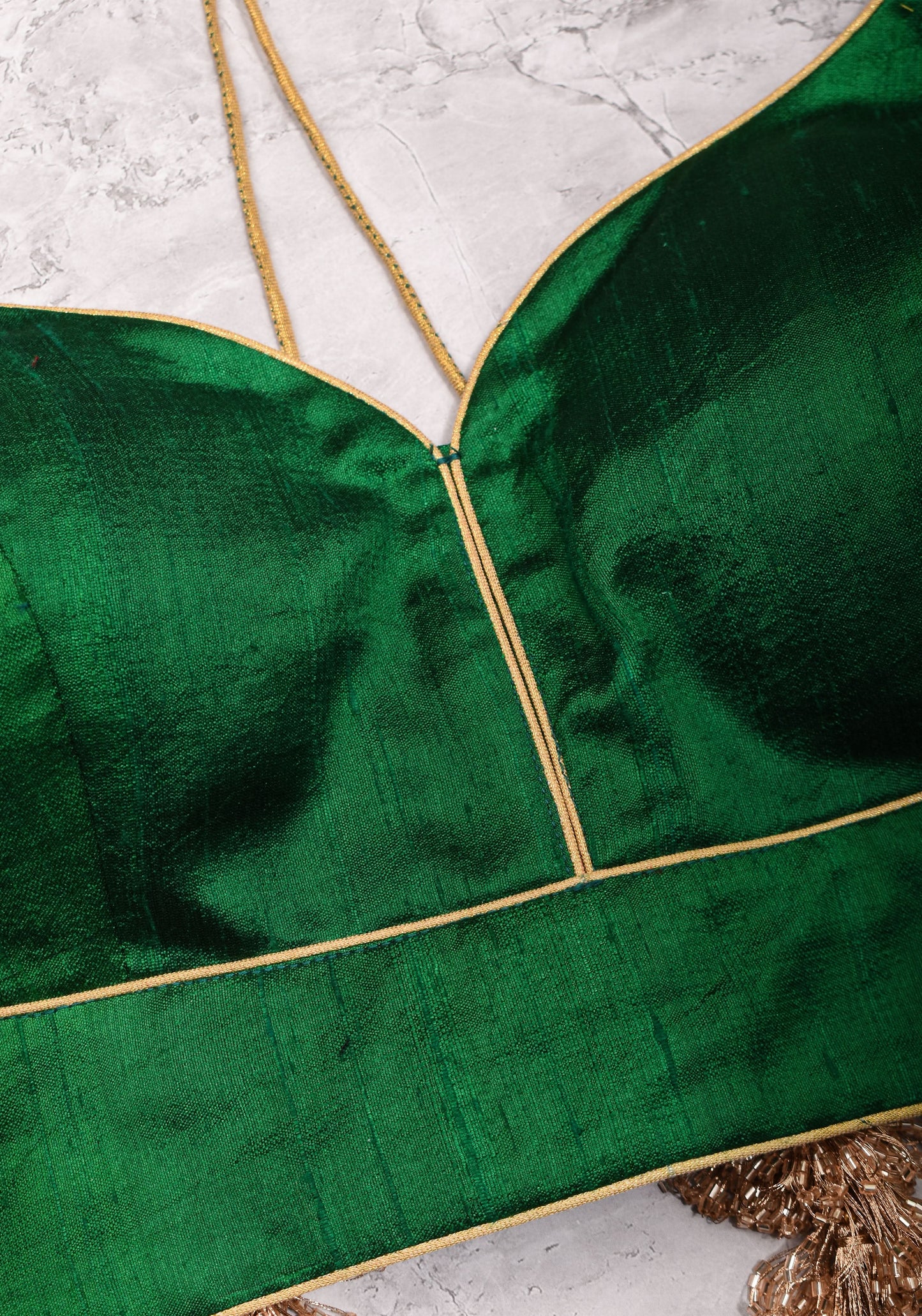 Green Pure Raw Silk Blouse with Leaf Neck, Choli Cut with Shikaargah zari border sleeves, Made to Order