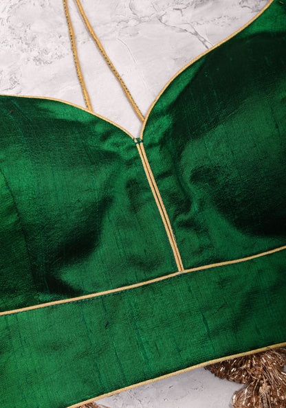 Green Pure Raw Silk Blouse with Leaf Neck, Choli Cut with Shikaargah zari border sleeves, Made to Order