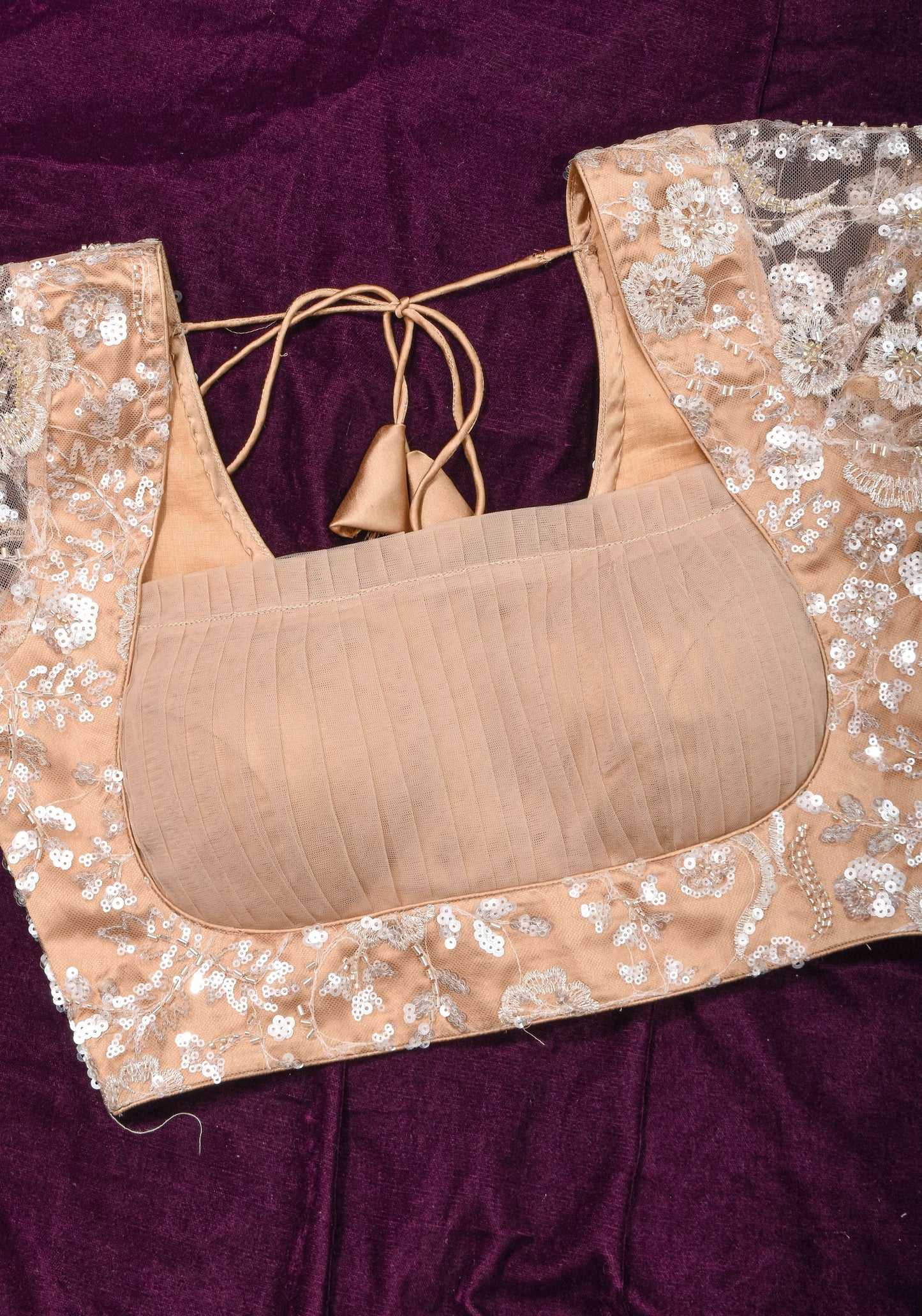 Made To Order: Corset Style Biscuit Color Sequin Blouse with pleated detailing