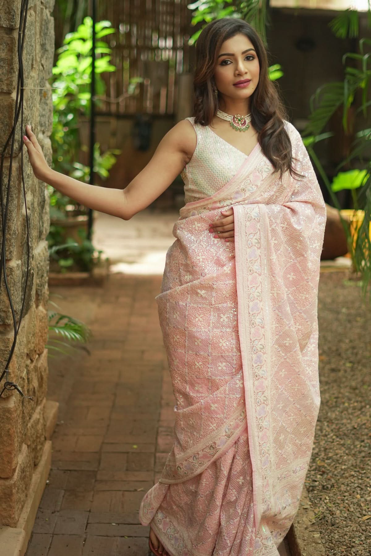 Beautiful Machine embroidery and Sequin on Dusty Pink Georgette