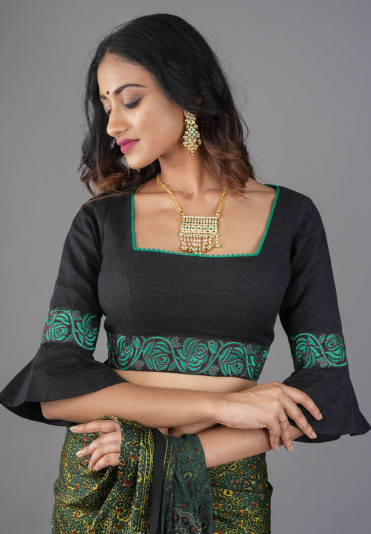 Black and Teal Cotton Blouse with flared Sleeves and Square neck, Customizable, Made To Order
