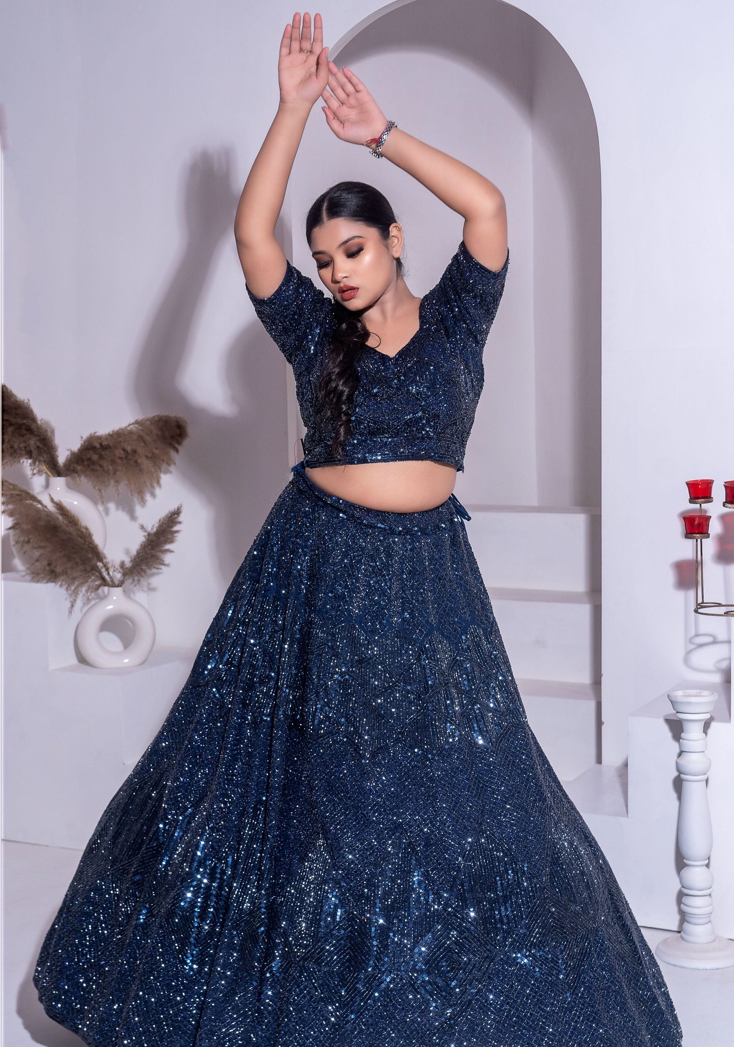 Midnight Teal Blue Embellished Lehenga Set, Customizable, Made to Order