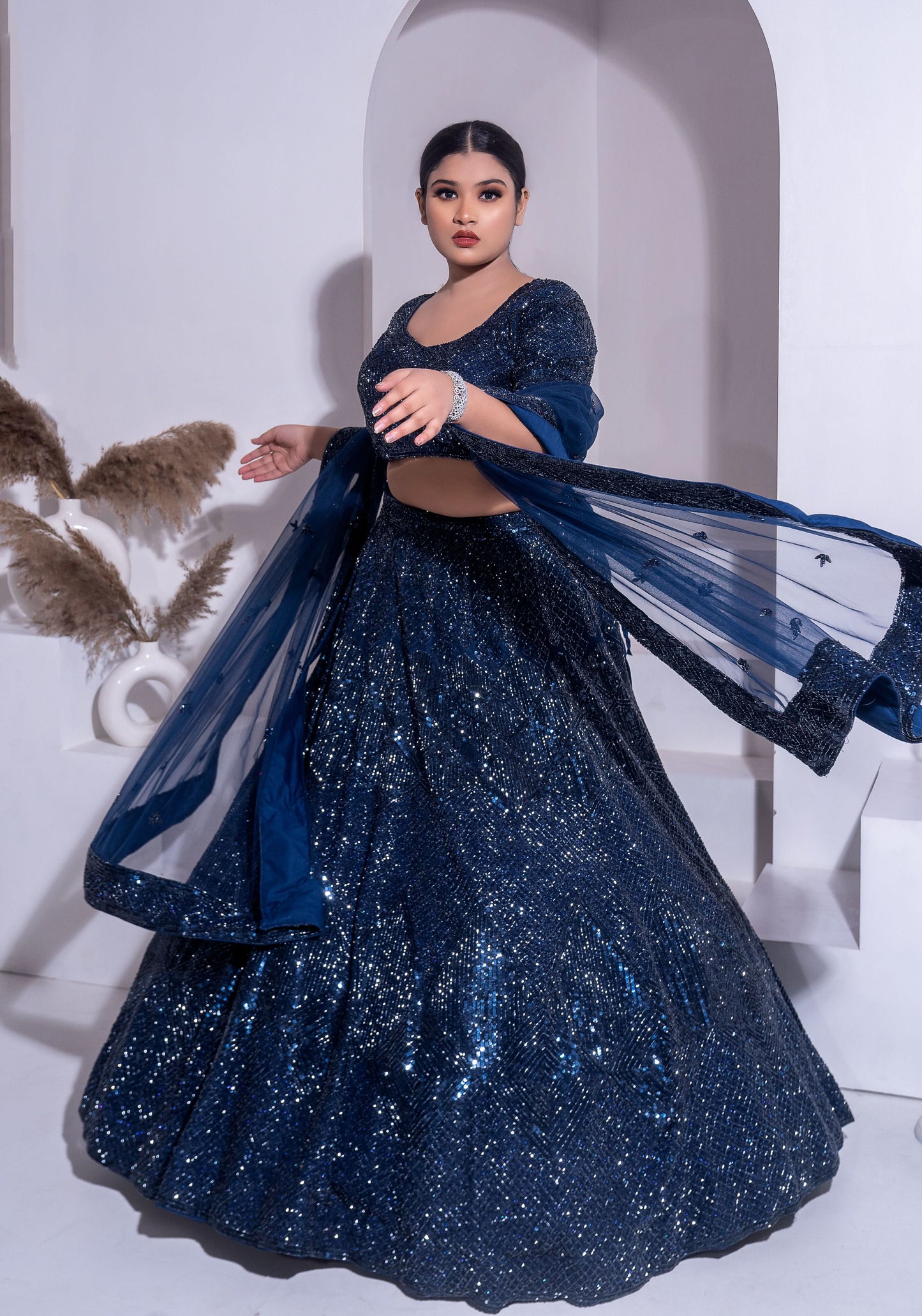 Midnight Teal Blue Embellished Lehenga Set, Customizable, Made to Order