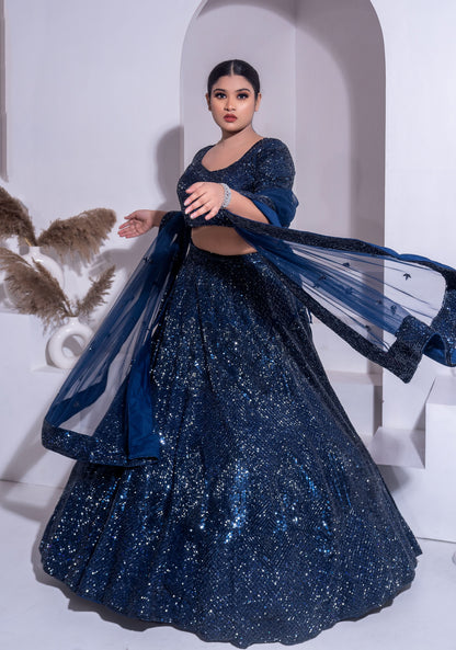 Midnight Teal Blue Embellished Lehenga Set, Customizable, Made to Order