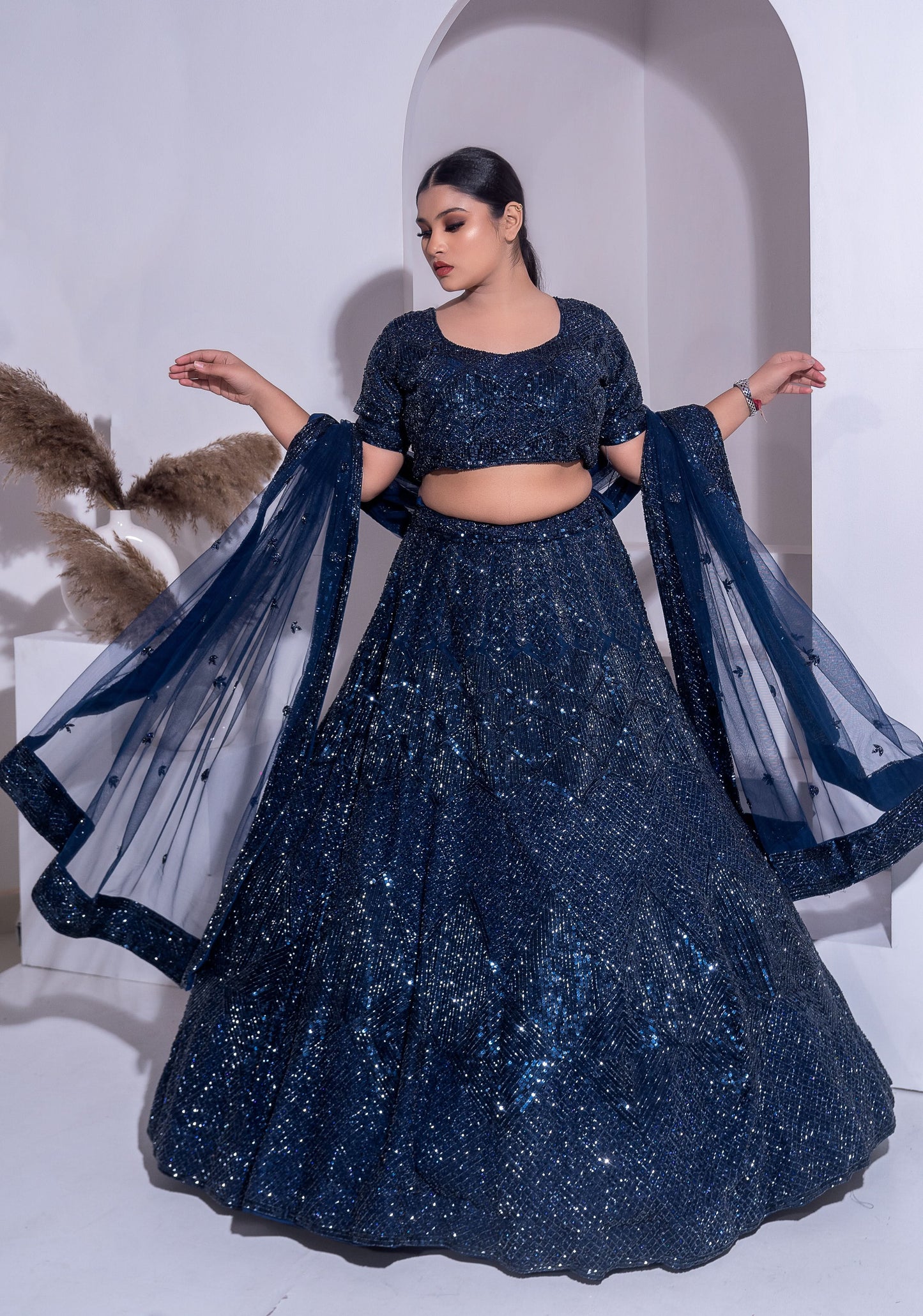 Midnight Teal Blue Embellished Lehenga Set, Customizable, Made to Order
