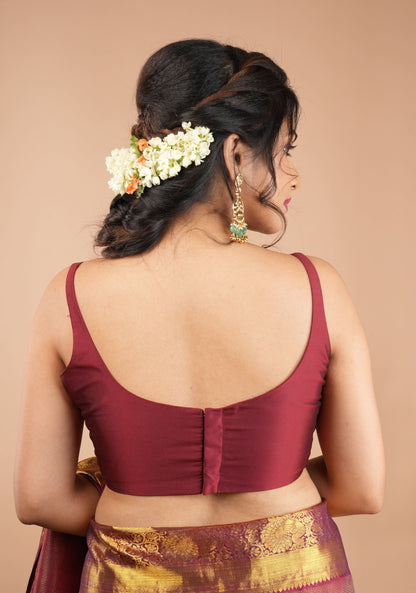 Maroon Thin Strap Sleeveless Silk Blouse with Scoop Neck Front, Colors Customizable