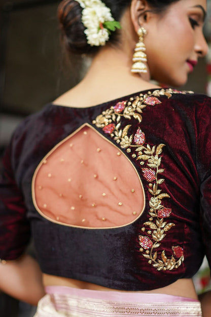 Maroon Velvet Blouse with Zardosi work Mix and Match Blouse for saree, Made to Order