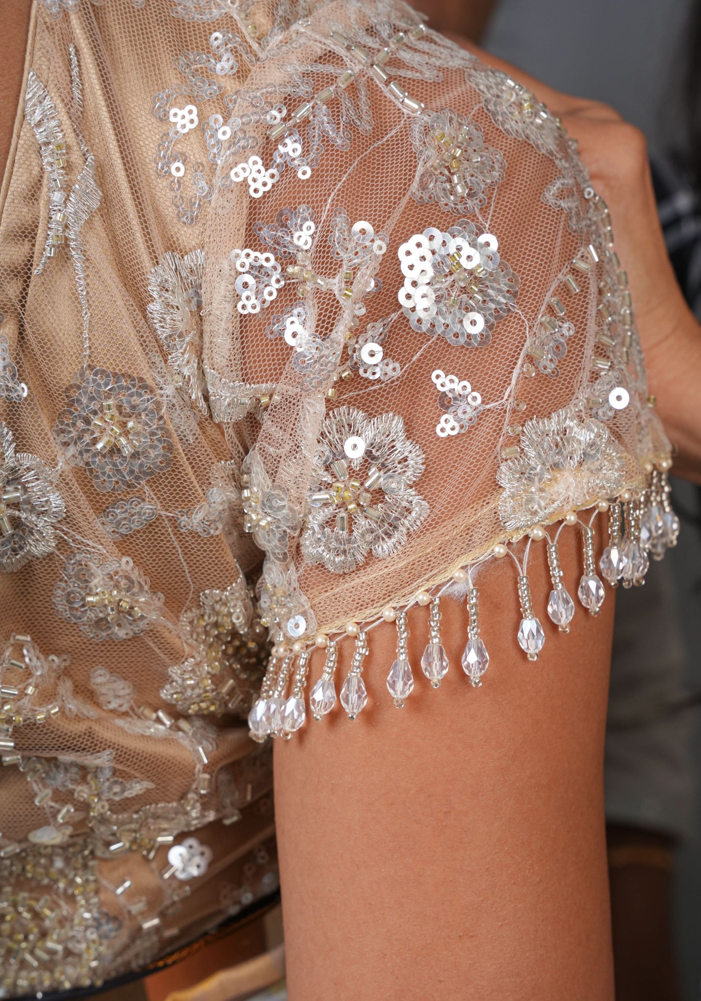 Made To Order: Corset Style Biscuit Color Sequin Blouse with pleated detailing