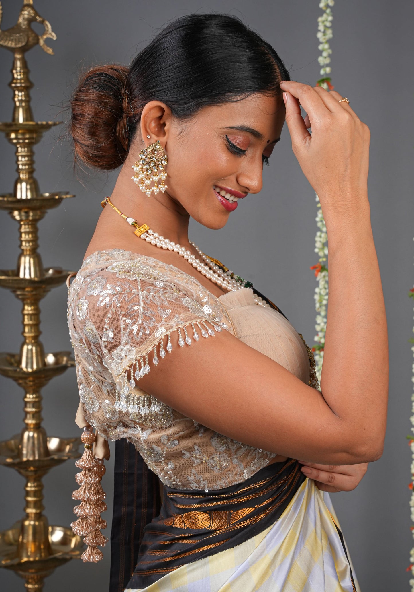 Made To Order: Corset Style Biscuit Color Sequin Blouse with pleated detailing