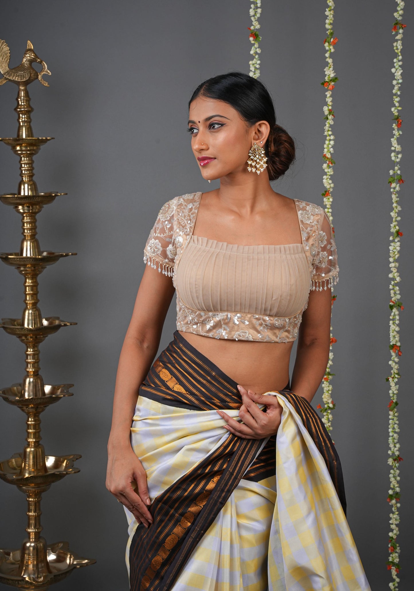 Made To Order: Corset Style Biscuit Color Sequin Blouse with pleated detailing