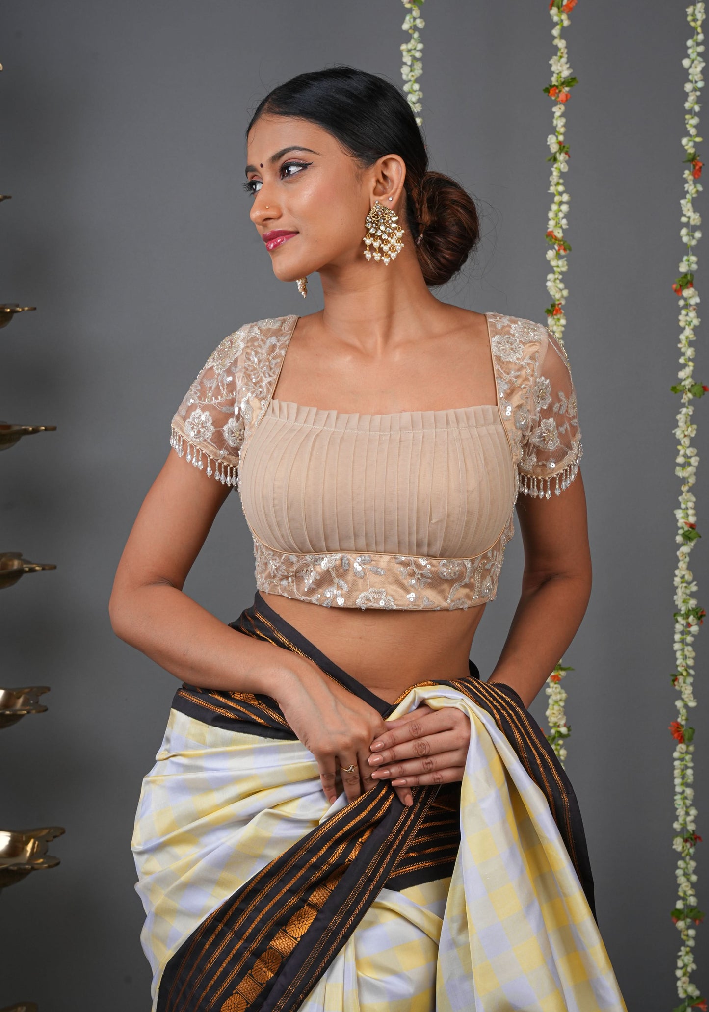 Made To Order: Corset Style Biscuit Color Sequin Blouse with pleated detailing