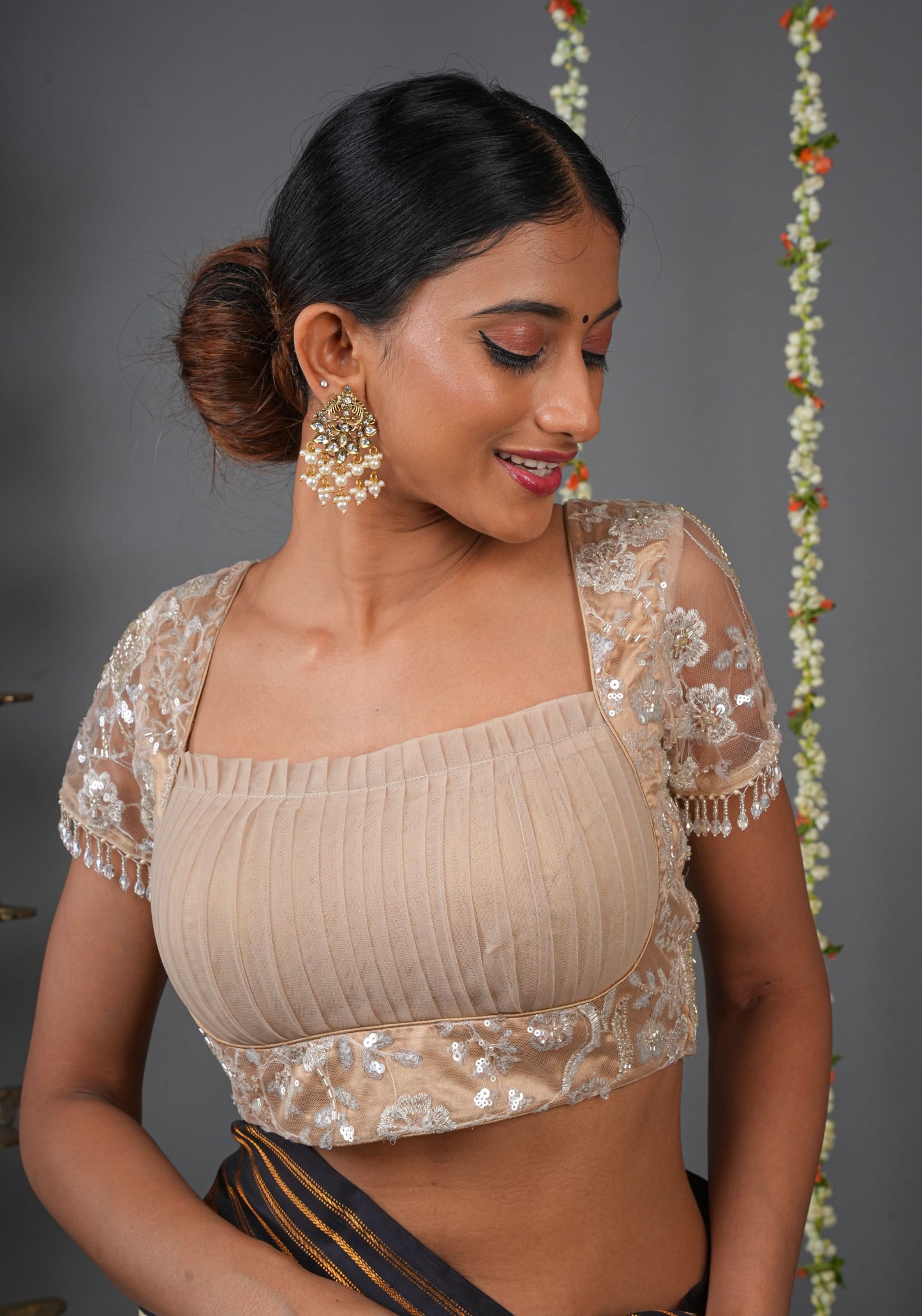 Made To Order: Corset Style Biscuit Color Sequin Blouse with pleated detailing
