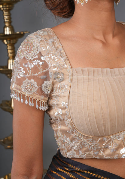 Made To Order: Corset Style Biscuit Color Sequin Blouse with pleated detailing