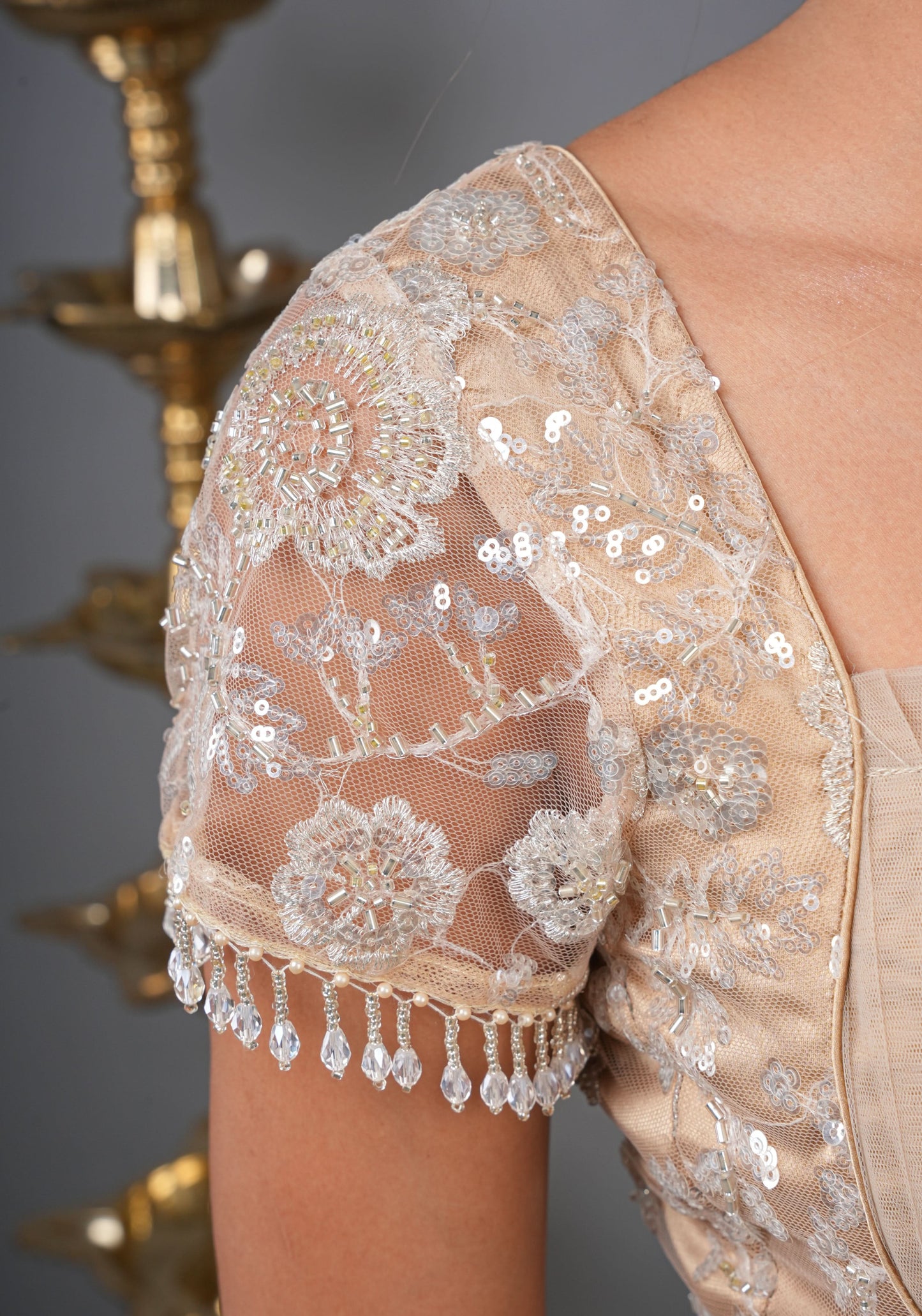 Made To Order: Corset Style Biscuit Color Sequin Blouse with pleated detailing