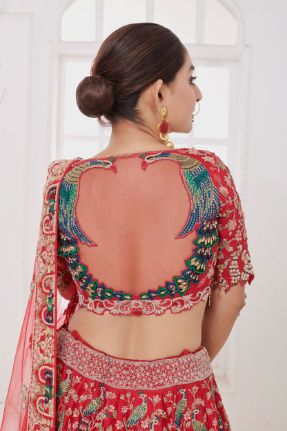 Crimson Mirage Raw Silk Lehenga with Elephant motifs, Customizable, Made to Order