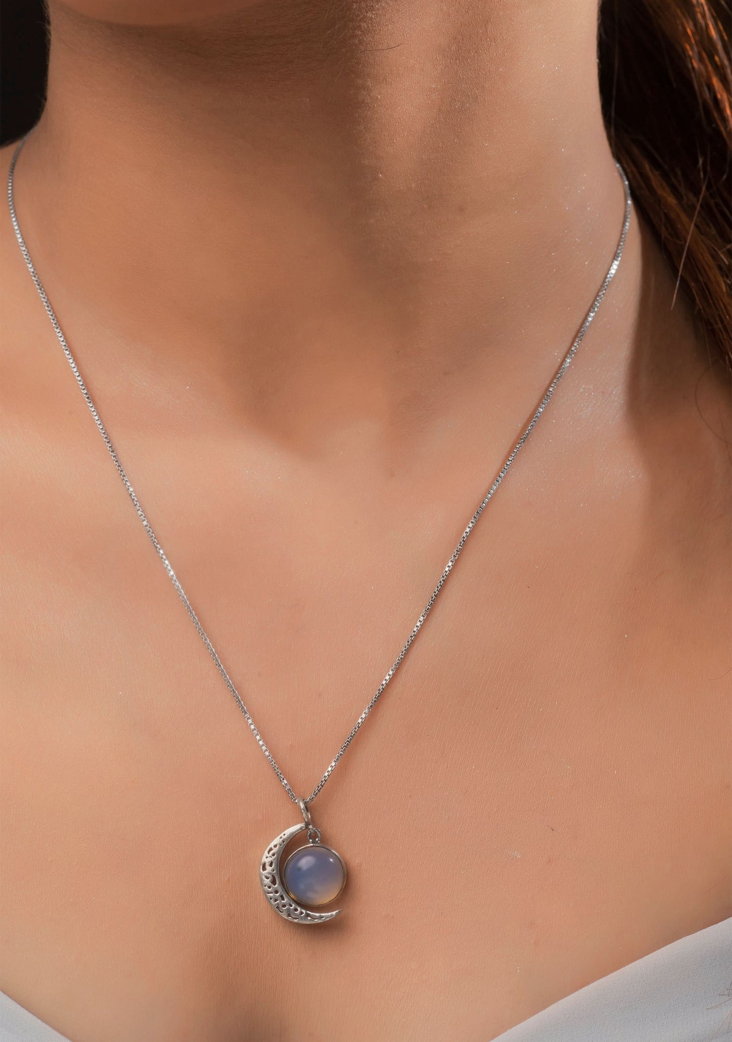 925 Silver Oxidized Celestial Crescent Moon and Moonstone Chain and Pendant
