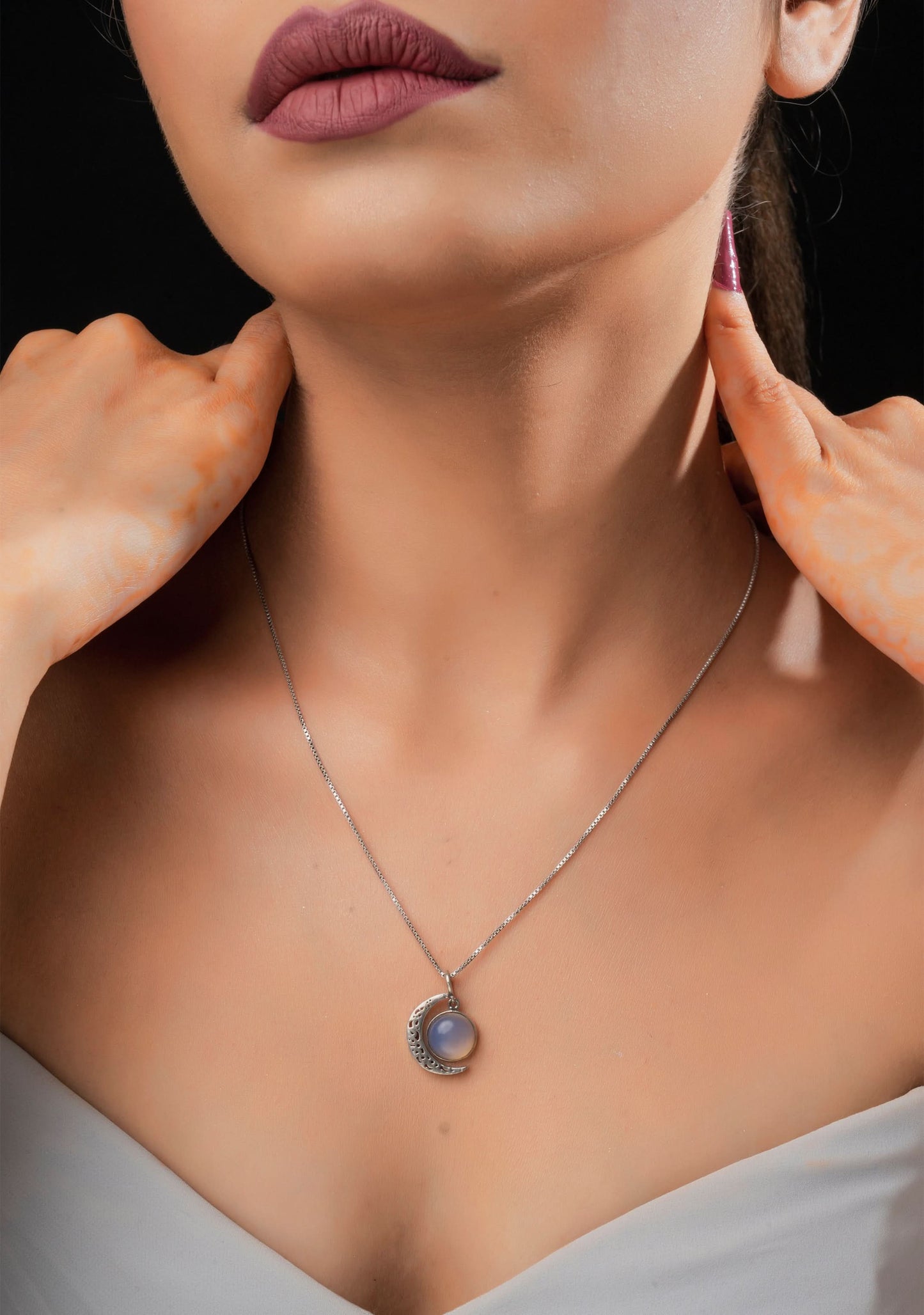 925 Silver Oxidized Celestial Crescent Moon and Moonstone Chain and Pendant