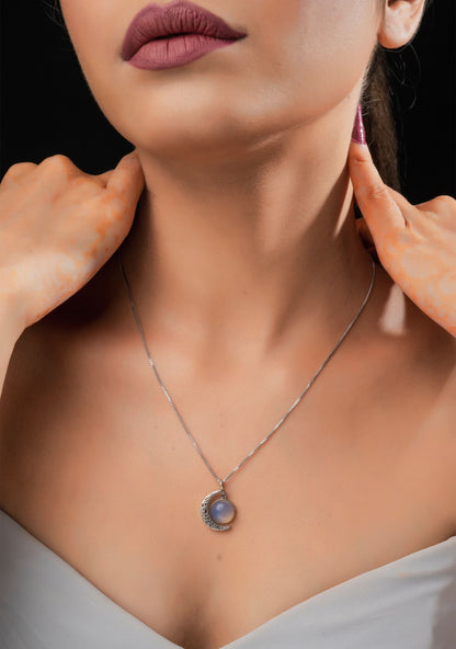 925 Silver Oxidized Celestial Crescent Moon and Moonstone Chain and Pendant