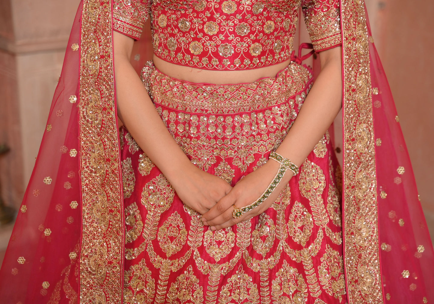 Red Lehenga with hand-embroidery in Raw Silk, Customizable, Made to Order