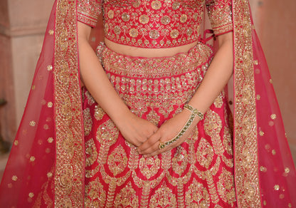 Red Lehenga with hand-embroidery in Raw Silk, Customizable, Made to Order