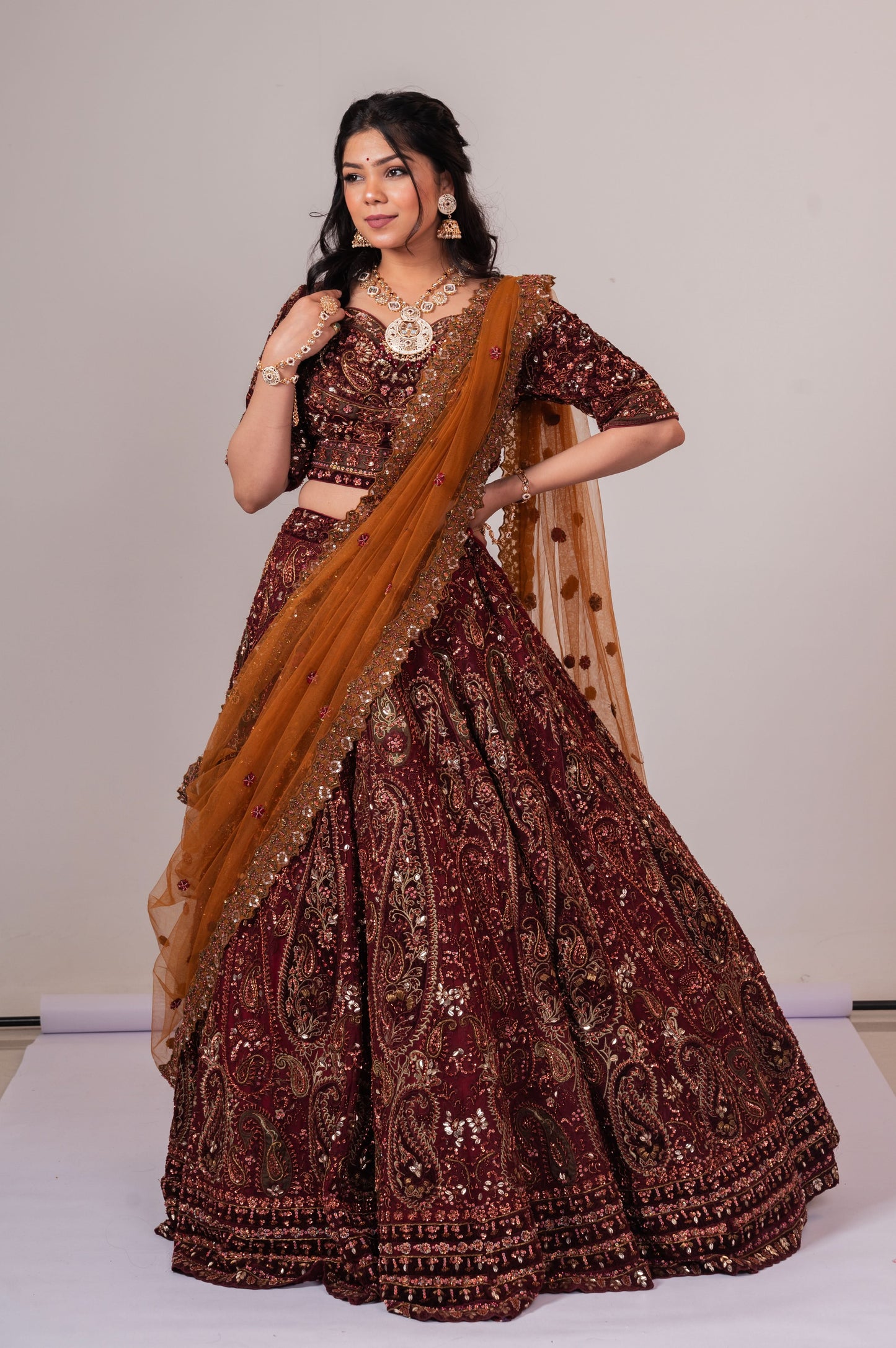 Maroon and Rust Lehenga with embroidery, Customizable, Made to Order