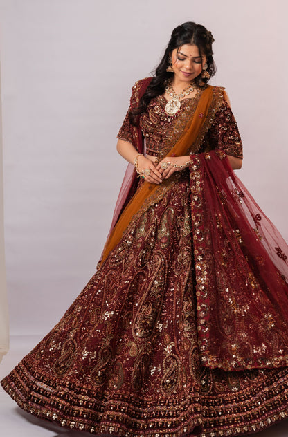 Maroon and Rust Lehenga with embroidery, Customizable, Made to Order