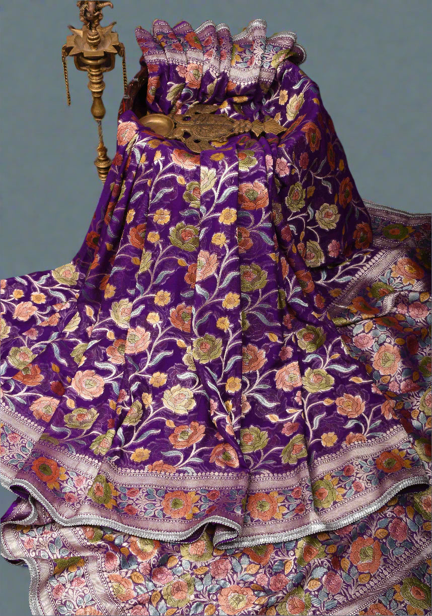 Purple Hand Brush Dye Banarasi Georgette Silk Saree with Floral Jaal and Zari Border and Lace trim | SILK MARK CERTIFIED