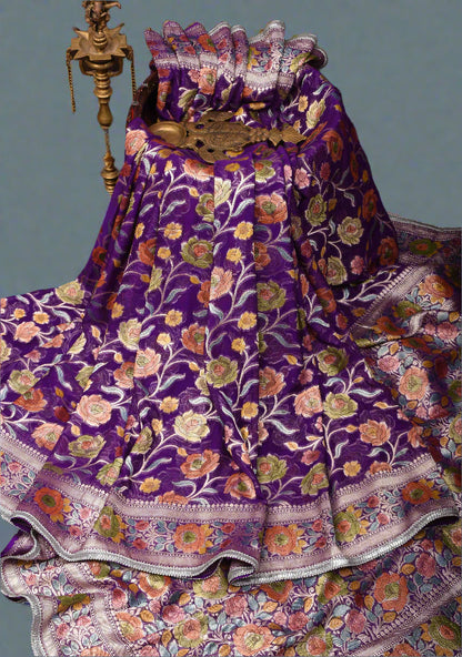 Purple Hand Brush Dye Banarasi Georgette Silk Saree with Floral Jaal and Zari Border and Lace trim | SILK MARK CERTIFIED