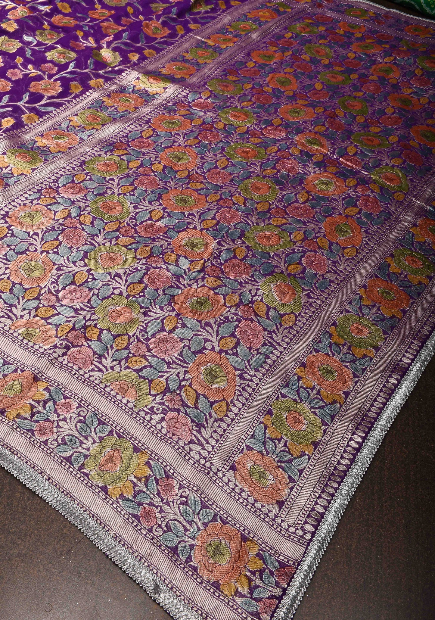Purple Hand Brush Dye Banarasi Georgette Silk Saree with Floral Jaal and Zari Border and Lace trim | SILK MARK CERTIFIED