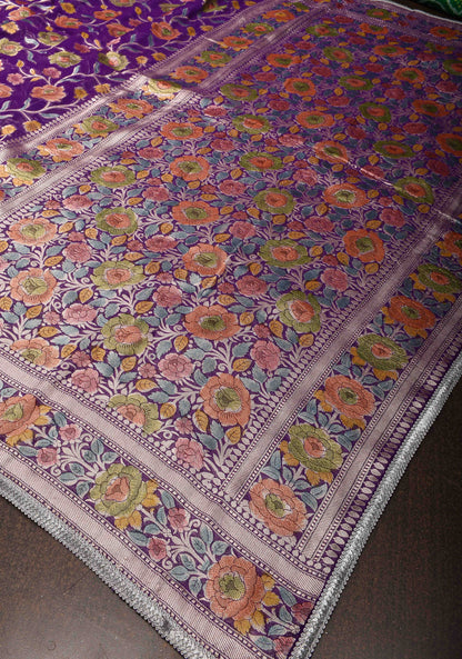 Purple Hand Brush Dye Banarasi Georgette Silk Saree with Floral Jaal and Zari Border and Lace trim | SILK MARK CERTIFIED