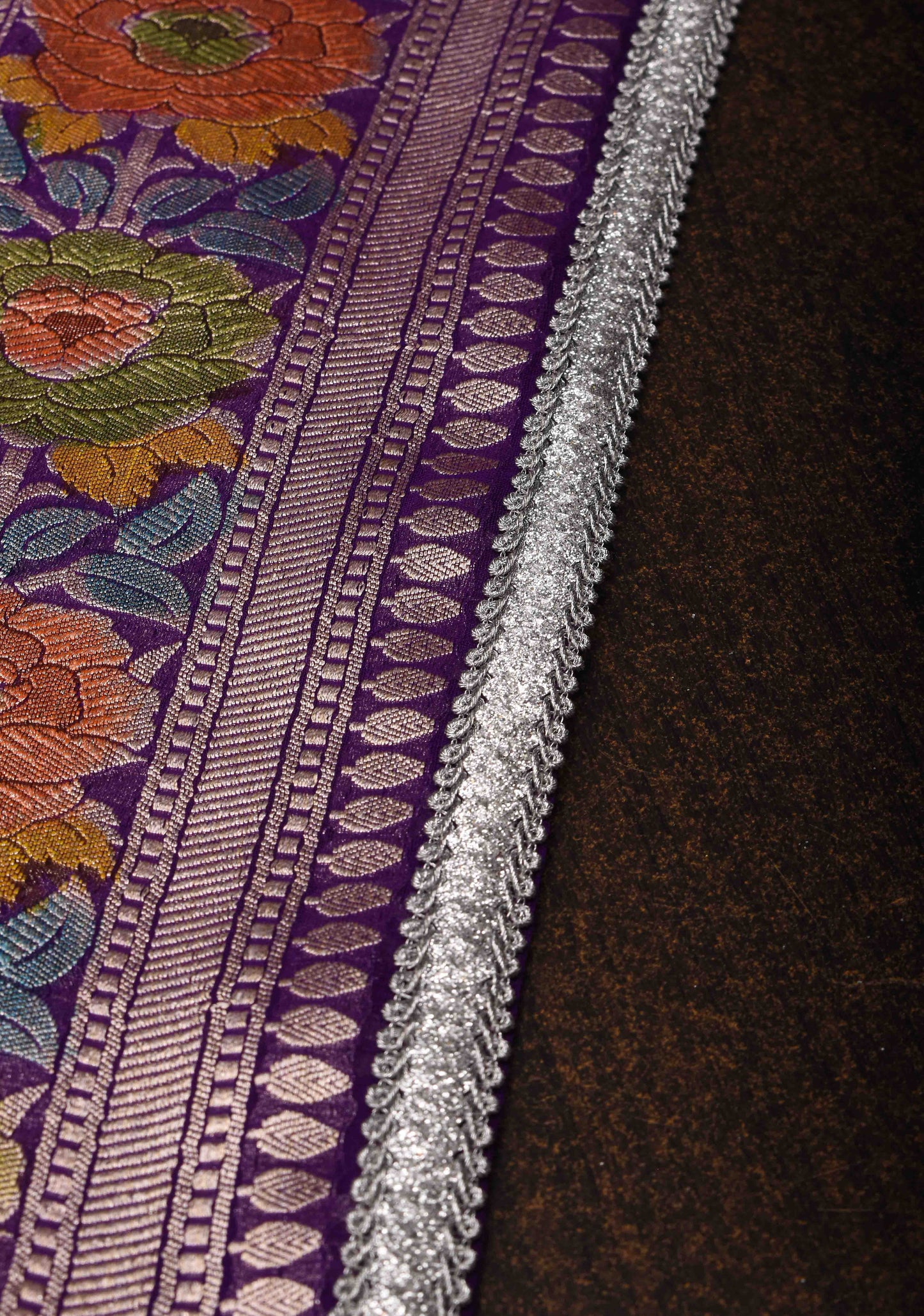 Purple Hand Brush Dye Banarasi Georgette Silk Saree with Floral Jaal and Zari Border and Lace trim | SILK MARK CERTIFIED