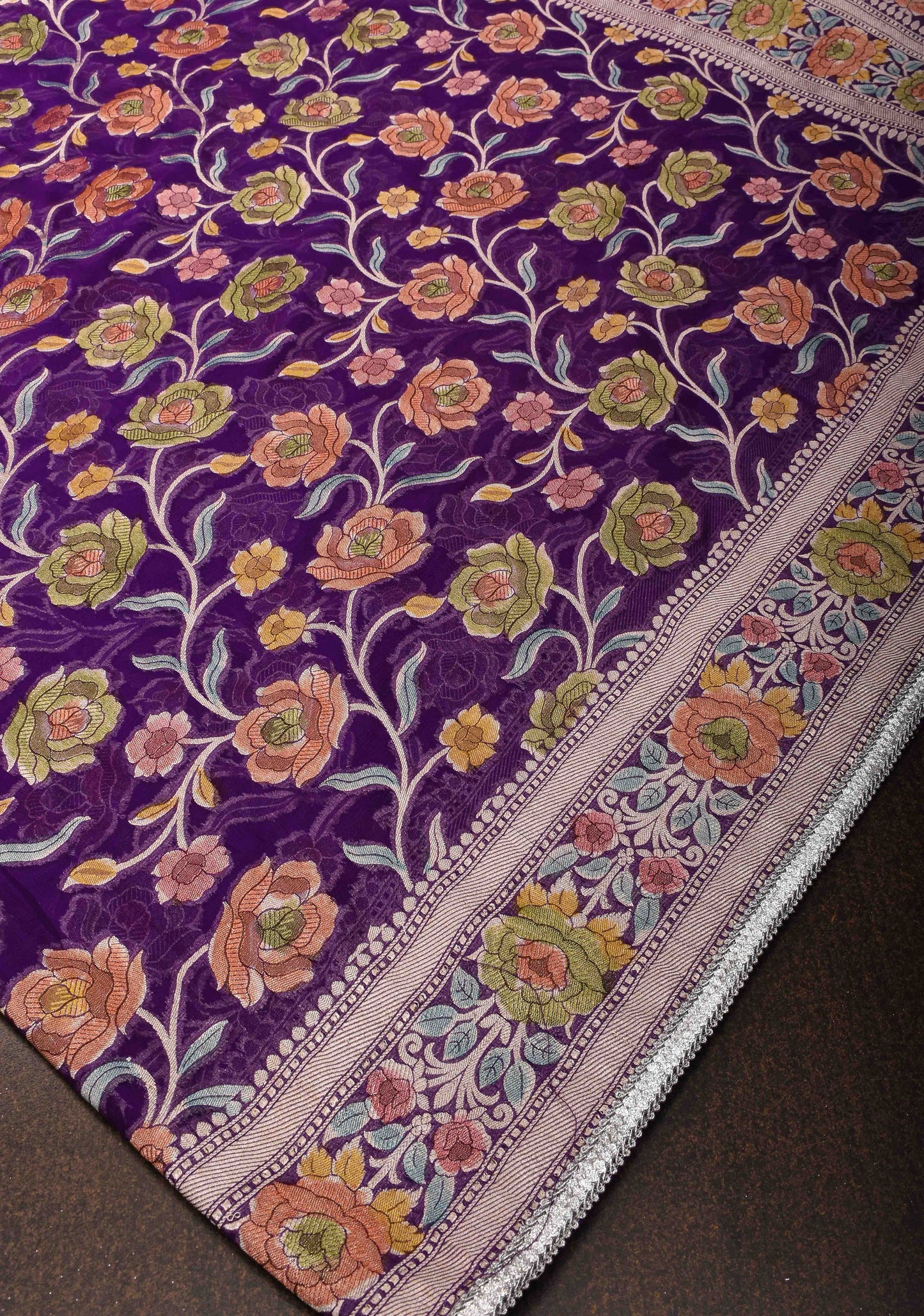 Purple Hand Brush Dye Banarasi Georgette Silk Saree with Floral Jaal and Zari Border and Lace trim | SILK MARK CERTIFIED