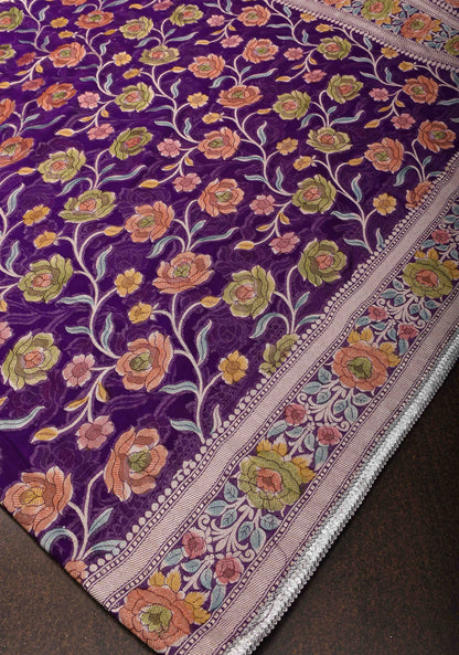 Purple Hand Brush Dye Banarasi Georgette Silk Saree with Floral Jaal and Zari Border and Lace trim | SILK MARK CERTIFIED