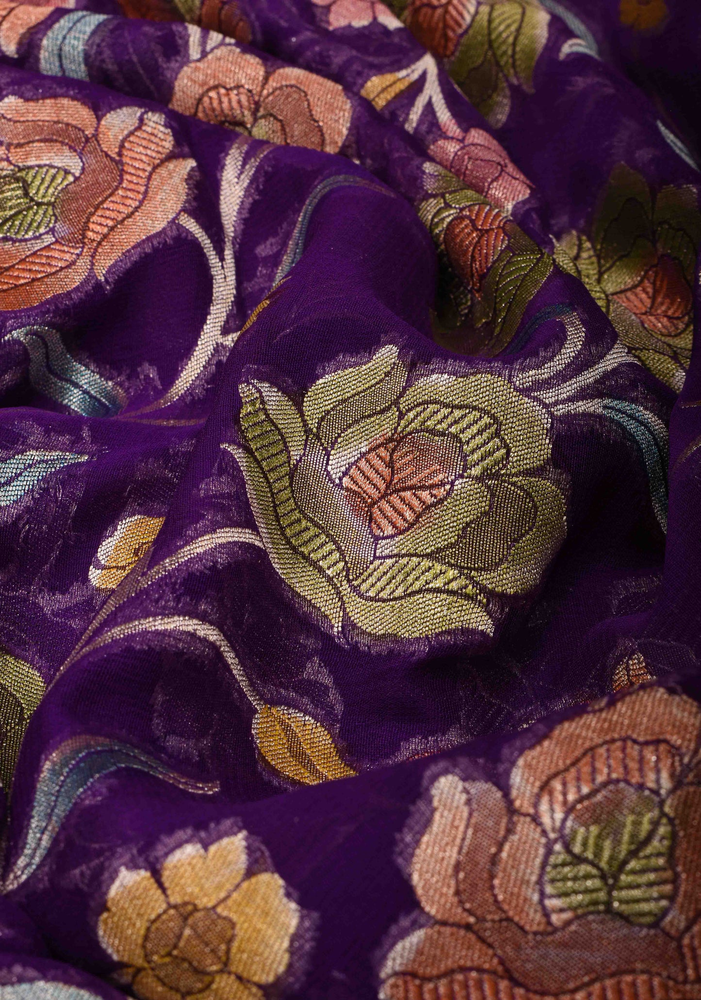 Purple Hand Brush Dye Banarasi Georgette Silk Saree with Floral Jaal and Zari Border and Lace trim | SILK MARK CERTIFIED