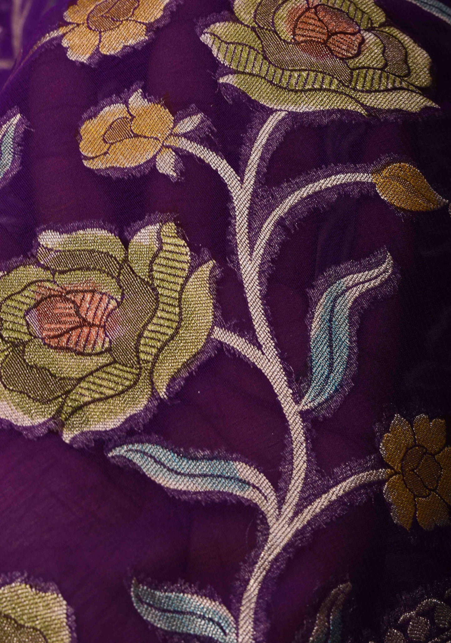 Purple Hand Brush Dye Banarasi Georgette Silk Saree with Floral Jaal and Zari Border and Lace trim | SILK MARK CERTIFIED
