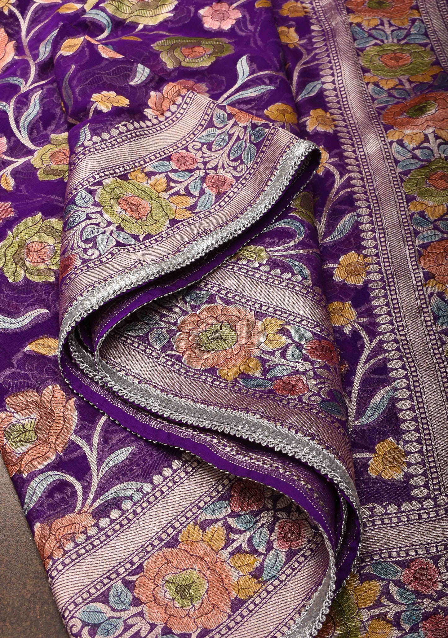 Purple Hand Brush Dye Banarasi Georgette Silk Saree with Floral Jaal and Zari Border and Lace trim | SILK MARK CERTIFIED