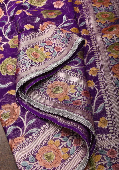 Purple Hand Brush Dye Banarasi Georgette Silk Saree with Floral Jaal and Zari Border and Lace trim | SILK MARK CERTIFIED