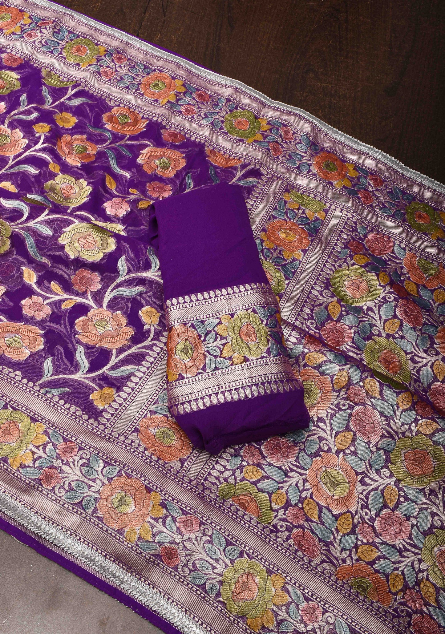 Purple Hand Brush Dye Banarasi Georgette Silk Saree with Floral Jaal and Zari Border and Lace trim | SILK MARK CERTIFIED