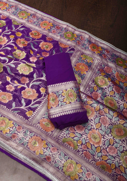 Purple Hand Brush Dye Banarasi Georgette Silk Saree with Floral Jaal and Zari Border and Lace trim | SILK MARK CERTIFIED